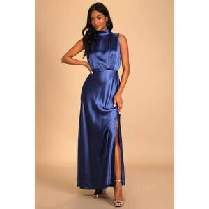 Lulus Classic Elegance Blue Satin Sleeveless Mock Neck Maxi Dress - Size XXS